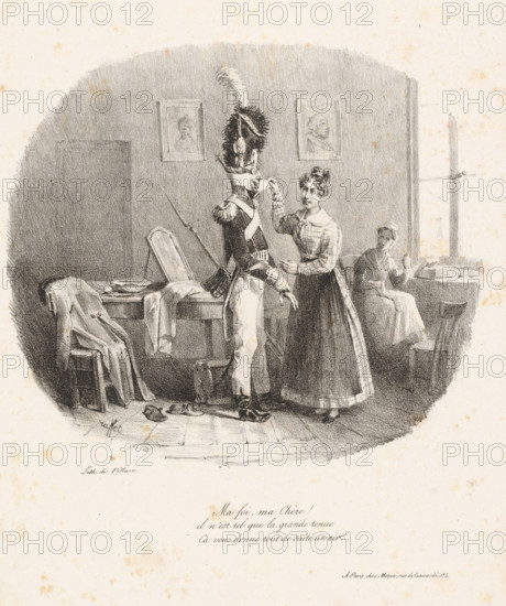 Two women and a soldier in uniform, Ma foi, ma chère! Il n'est tel que la grande tenue, print, printmaker: Denis Auguste Marie Raffet, printer (person): François Jean Villain, Paris, publisher: Jean Nicolas Moyon, 1825 - 1829, Denis Auguste Marie Raffet, François Jean Villain, Jean Nicolas Moyon, printmaker, printer (person), publisher, paper, lithography, height 361 mm x width 271 mm, Print possibly appeared in an unknown series published by Moyon., adult woman, the soldier, the soldier's life, head-gear, (military) uniforms, A black and white lithograph shows a room with a soldier in a plumed helmet and uniform standing as a woman in a long dress adjusts his face covering; the soldier wears a sash, epaulettes, a cartridge box, and tall boots, and holds a long rifle propped against a table behind him where a chair, coat, bowl, and other garments are scattered; another woman sits by a window on the right, looking toward the pair while holding something in her hand beside a small table ...