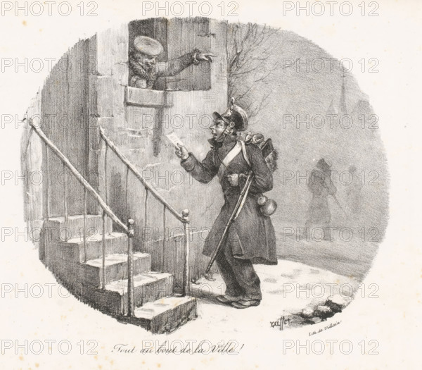 Tout au bout de la ville!, Man in the window frame shows Jean-Jean the way, Histoire de Jean-Jean, Story about Jean-Jean, print, printmaker: Denis Auguste Marie Raffet, printer (person): François Jean Villain, Paris, 1825 - 1829, printer (person), paper, lithography, height 218 mm x width 300 mm, Series consists of title print and sixteen prints. Seventh print in the series of seventeen prints, head-gear, firearms: rifle, getting lost, having lost one's way, losing one's way, A pencil or charcoal drawing shows a man standing at the base of a stone spiral staircase leading to a small window in a wall, the man dressed in a long coat and a helmet with a plume, carrying a long rifle slung over his shoulder and a small pack and canteen at his side, holding a sheet of paper in one hand and looking up toward the window where another figure leans out from the opening and points outward with an extended arm, a leafless tree branch visible behind the wall and faint silhouettes of figures in the ...