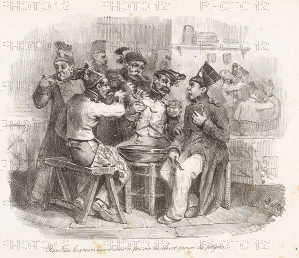 Jean-Jean in conversation with older soldiers, Jean-Jean, les anciens doivent avoir le pas sur toi, Story about Jean-Jean, Histoire de Jean-Jean, print, printmaker: Denis Auguste Marie Raffet, printer (person): François Jean Villain, Paris, 1827 - 1829, printer (person), paper, lithography, height 237 mm x width 304 mm, Series consists of title print and sixteen prints. Eighth print in the series of seventeen prints., the soldier, the soldier's life, eating, broth, soup, A charcoal or pencil sketch shows a group of men seated closely around a round basin on a small table, most wearing military-style coats and peaked caps with decorative elements; one man in the foreground holds a hat at his chest while looking toward another who gestures with a spoon toward the basin, and other men around them hold spoons or cups and lean in; a wooden bench and stool support some figures, and a checkered cloth is draped over a seated man's lap; in the background two men stand by a shelf with stacked ob...