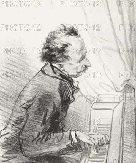 Pianist, My 'promenade by the shore', Piano playing, Masks and Faces. Piano!, cartoon, print, album page, Series number, 6, 10, This print is part of an album., printmaker: Paul Gavarni, Paris, printer (person): Joseph Rose Lemercier, publisher: Librairie Nouvelle, 1853, printer (person), paper, lithography, height 378 mm x width 275 mm, July 6, 1853., one person playing keyboard instrument, pianoforte, A black and white pencil sketch showing a seated man in profile facing right, leaning slightly forward with his hands on a keyboard instrument, his hair is tousled and darker at the back, he has a prominent nose and a mustache, he wears a jacket with a high collar and a cravat, the jacket and sleeves are shaded with loose, textured strokes, the instrument's keys and part of its casing are visible, and soft vertical drapery lines appear in the background.