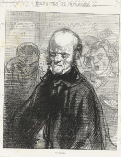 My daughter's piece, Father listens to his daughter's piano playing among the audience, Piano playing, Masks and Faces. Piano!, cartoon, print, album page, Series number, 9, 10, This print is part of an album., printmaker: Paul Gavarni, Paris, printer (person): Joseph Rose Lemercier, publisher: Librairie Nouvelle, 1853, printer (person), paper, lithography, height 378 mm x width 275 mm, listening to music, father with daughter(s) (father-love), A charcoal-style drawing shows a bald older man with a furrowed brow and downturned mouth wearing a dark heavy cloak in the foreground, flanked by two partially visible figures in the background; the figure on the left has a hand to their forehead and a bowed head, while the figure on the right has a wide open mouth and tousled hair.