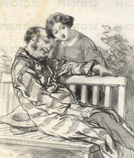 Father with daughter in a garden, N'est-ce pas, P'pa, ce Mosieu du petit jardin a une belle tête?, Terrible parents, Masques et visages. The Terrible Parents, cartoon, print, album page, Series number, 11, 20, Print is part of an album., printmaker: Paul Gavarni, Paris, printer (person): Joseph Rose Lemercier, publisher: Librairie Nouvelle, 1853, printer (person), paper, lithography, height 379 mm x width 277 mm, March 25, 1853., garden, parents with their children, father and daughter(s) (family group) (with NUMBER of daughters), A charcoal drawing of two seated figures on a bench, one appearing slumped and wrapped in a loose striped garment with a broad-brimmed hat resting nearby, the other leaning close behind with an arm draped over the bench back, both rendered with soft shading and textured strokes, the background showing faint smudges and scattered speckles, and folds of fabric and slats of the bench visible beneath them.