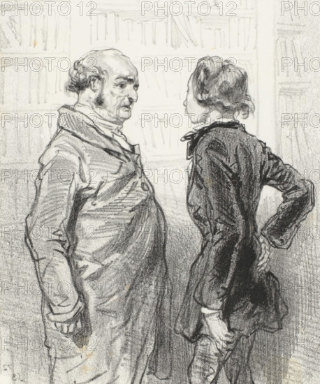 Father criticizes his son's moustache, Et moi je défends qu'on ait de ces moustaches là!, Terrible parents, Masks and faces. The Terrible Parents, cartoon, print, album page, Series number, 12, 20, Print is part of an album., printmaker: Paul Gavarni, Paris, printer (person): Joseph Rose Lemercier, publisher: Librairie Nouvelle, 1853, printer (person), paper, lithography, height 379 mm x width 277 mm, April 14, 1853., parents with their children, moustache, father and son(s) (family group) (with NUMBER of sons), A charcoal drawing of two people facing each other in profile inside a room with book-lined walls, one figure older with a balding head and side whiskers wearing a loose coat and cravat, the other younger with hair pulled back and wearing a fitted jacket with a high collar, both shown from about the waist up with hands behind or at their sides and detailed shading emphasizing folds in their clothing and facial features.