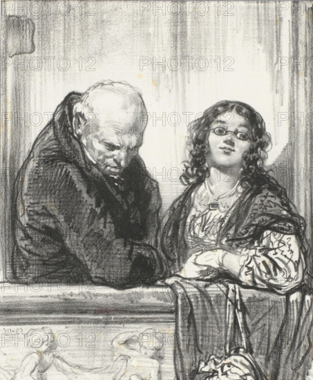Father holds his daughter's hand, La jolie pièce!, Terrible parents, Masks and faces. The terrible parents, cartoon, print, album page, Series number, 13, 20, Print is part of an album., printmaker: Paul Gavarni, Paris, printer (person): Joseph Rose Lemercier, publisher: Librairie Nouvelle, 1853, Paul Gavarni, Joseph Rose Lemercier, Librairie Nouvelle, printmaker, printer (person), publisher, paper, lithography, height 379 mm x width 277 mm, Print used for: Paris (Journal), June 1853., adolescent, young woman, maiden, old man, father and daughter(s) (family group) (with NUMBER of daughters), A charcoal or pencil drawing showing two figures leaning on a ledge, one an older man with a bowed head and heavy coat, the other a younger woman with curly hair and round glasses looking outward, wearing a patterned blouse and draped shawl, her hands resting on the ledge; the background is shaded vertically and the lower portion of the image shows faint sketching of small reclining figures on the ...