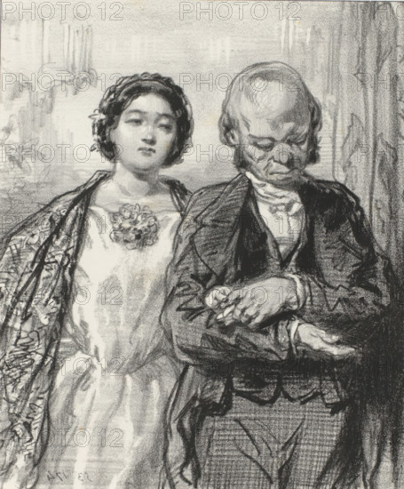 Come, go!, we will stay there until tomorrow, Father decides that he and his daughter will leave the ball, Terrible parents, Masks and faces. The Terrible Parents, cartoon, print, album page, Series number, 17, 20, Print is part of an album., printmaker: Paul Gavarni, Paris, printer (person): Joseph Rose Lemercier, publisher: Librairie Nouvelle, 1853, printer (person), paper, lithography, height 379 mm x width 277 mm, December 1853., adolescent, young woman, maiden, parents with their children, father and daughter(s) (family group) (with NUMBER of daughters), A charcoal drawing shows a woman and a man standing closely side by side; the woman is on the left wearing a light dress with a floral decoration at the neckline and a patterned shawl draped over her shoulders, her dark hair styled in soft waves and held with a headpiece, her expression calm with slightly closed eyes and relaxed lips. The man on the right wears a dark suit with a vest and cravat, his head bowed and eyes downcast, ...