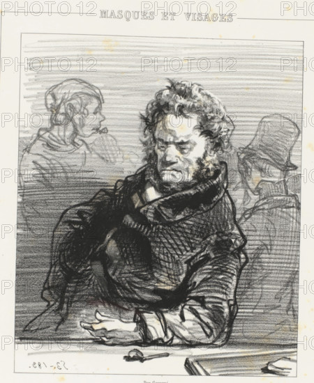 Man with a pipe in the café, Jacques Maubourguet t'as voulu faire un Mosieu de ton garçon, Terrible parents, Masques et visages. Les parents terribles, cartoon, print, album page, Series number, 18, 20, Print is part of an album., printmaker: Paul Gavarni, Paris, printer (person): Joseph Rose Lemercier, publisher: Librairie Nouvelle, 1853, Paul Gavarni, Joseph Rose Lemercier, Librairie Nouvelle, printmaker, printer (person), publisher, paper, lithography, height 379 mm x width 277 mm, inn, coffee-house, public house, pipe, tobacco, parents with their children, A charcoal or pencil drawing of a seated man shown from the waist up with a heavy textured coat and a high collar, his face turned slightly downward and to the side with a furrowed brow and curly hair, a hand resting on the table in front of him and another arm bent across his body, a spoon lying on the table near his hand, a faint sketch of another figure in profile behind him holding a pipe, and another partial figure wearing a...