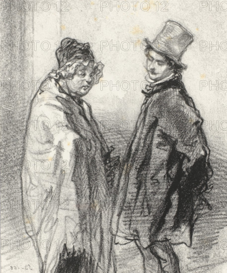 Non, M'sieu Henri, je ne doute pas de la délicatesse de vos sentiments, Old woman speaks to young man on the street, Old women from Notre-Dame-de-Lorette in Paris, Masks and faces. The Old Lorettes, cartoon, print, album page, Series number, 24, 30, Print is part of an album., printmaker: Paul Gavarni, Paris, printer (person): Joseph Rose Lemercier, publisher: Librairie Nouvelle, 1853, Paul Gavarni, Joseph Rose Lemercier, Librairie Nouvelle, printmaker, printer (person), publisher, paper, lithography, height 384 mm x width 278 mm, Print used for: Paris (Journal), December 5, 1853., adult man, old woman, prostitution, A charcoal or pencil drawing of two standing figures facing slightly toward each other, one wearing a loose light-colored cloak with a hood and the other wearing a darker coat and a tall hat; both figures show shaded facial features and textured clothing, with the light-cloaked figure on the left appearing fuller in build and the hat-wearing figure on the right shown in a ...