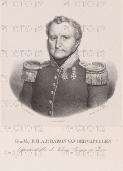 Portrait of Frederik Benjamin Alexander Philip van der Capellen, print, The sitter wears a military uniform and two knighthood orders., printmaker: George Gillis Haanen, after design by Michel Mourot, Netherlands, printer (person): Johannes Paulus Houtman, Utrecht, 1817 - 1879, paper, chine collé, lithography, lithography on chine collé, height 370 mm x width 250 mm, Person, Frederik Benjamin Alexander Philip Baron van der Capellen, historical persons ((full) bust portrait), knighthood order, A monochrome portrait of a man shown from the chest up wearing a dark military coat with decorative buttons and ornate shoulder epaulettes, a high patterned collar, and two star-shaped medals on his chest; he has short curly hair, sideburns, and a neutral facial expression, and the image is framed by a light background with subtle shading around the figure.