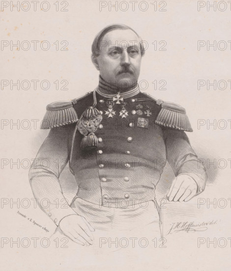 Portrait of JC Anemaet, print, The sitter wears a military uniform with epaulettes and decorations., printmaker: Johan Hendrik Hoffmeister, Netherlands, printer (person): Elias Spanier, The Hague, 1843 - 1863, printer (person), paper, chine collé, lithography, lithography on chine collé, height 465 mm x width 310 mm, historical persons ((full) bust portrait), knighthood order, A monochrome lithograph of a seated man shown from the waist up wearing a military uniform with epaulettes and a high collar, his hair combed back and a mustache on his face, a row of decorative buttons down the front of his coat, several medals and ornate badges displayed on his chest, a braided cord with tassel draped over one shoulder, one hand resting on an armrest and the other on his thigh, and a plain textured background.