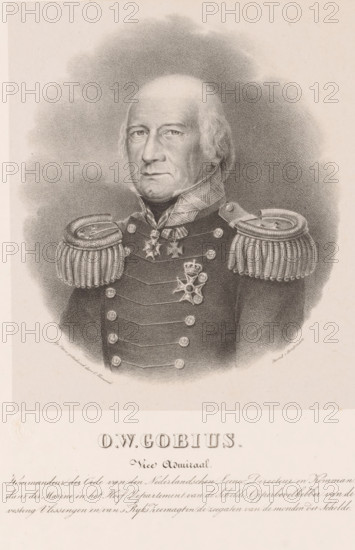 Portrait of Otto Willem Gobius, print, The sitter wears a military uniform with three knightly orders. Below the portrait are his name and positions., stamp: 'Initials JCK in an oval.', printmaker: Cornelis Kimmel, printer (person): Johannes Paulus Houtman, Utrecht, 1828 - 1843, printer (person), paper, chine collé, lithography, lithography on chine collé, height 430 mm x width 290 mm, Person, Otto Willem Gobius, A detailed black and white portrait of an older man shown from the chest up wearing a formal military uniform with ornate shoulder epaulettes and decorative buttons down the front; he has a high collar with patterned trim and several medals pinned to his chest, including star-shaped decorations and a cross; his hair is light and thinning, styled back from a high forehead with wisps at the sides, and his expression is neutral with slightly downturned mouth and eyes looking forward; the background is softly shaded with a vignette effect fading into the pale paper.