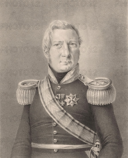 Portrait of Hendrik Merkus de Kock, print, The sitter wears a military uniform with epaulets with three stars, three knightly orders and a sash. Below the portrait are his name and positions., printmaker: Cornelis Kimmel, 1832, paper, lithography, height 460 mm x width 315 mm, knighthood order, historical persons (half-length portrait), A monochrome portrait of a man from the chest up wearing a dark formal military coat with a high collar, ornate shoulder epaulettes, and a sash worn diagonally across his torso; he has light wavy hair, a clean-shaven face, a neutral expression, and eyes looking forward. Medals and a star-shaped decoration are pinned to his chest above the sash. The coat shows rows of buttons down the front and a belt at the waist with a sword hilt visible at the lower right. The background is textured and plain.