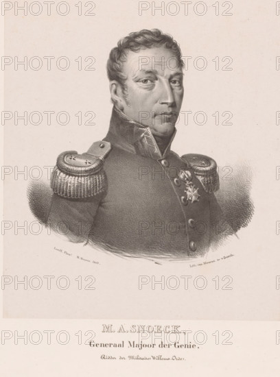 Portrait of Matthias Adriaan Snoeck, print, The sitter wears a military uniform with epaulets and a knighthood order., printmaker: Michel Mourot, after design by Hillebrand Dirk Loeff, Den Bosch, 1820 - 1847, printer (person), paper, chine collé, lithography, lithography on chine collé, height 455 mm x width 335 mm, Person, Matthias Adriaan Snoeck, historical persons ((full) bust portrait), knighthood order, A monochrome portrait of a man shown from the chest up wearing a dark military uniform with high collar and ornate shoulder epaulettes, his hair short and wavy, his face turned slightly to one side with a neutral expression, visible decorative medals on his chest and fine shading and crosshatching in the lithographic rendering against a plain light background.