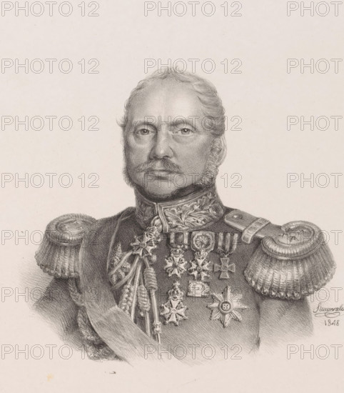 Portrait of Frederik Carel List, print, printmaker: Christian Heinrich Gottlieb Steuerwald, Dordrecht, 1848, paper, chine collé, lithography, lithography on chine collé, height 400 mm x width 290 mm, Person, Frederik Carel List, historical persons, A detailed pencil portrait of a man shown from the chest up wearing a high-collared ornate military uniform with braided epaulettes and numerous medals and decorations across his chest, his hair is short and combed back with sideburns and a mustache, his expression is neutral and his eyes face forward, the shading emphasizes facial contours and uniform textures, and there is a signature and a small mark near the lower right of the image.