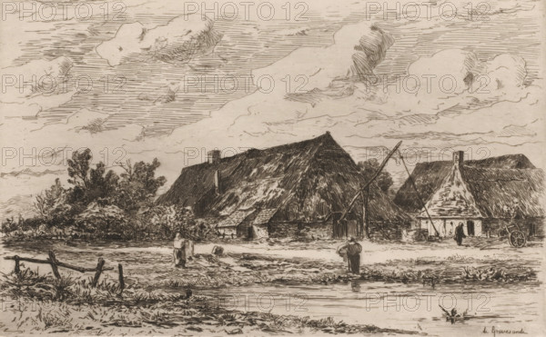 Farm near Kalmthout, Une ferme à Calmpthout (original title), print, In the foreground two women are doing the laundry., printmaker: Carel Nicolaas Storm van 's-Gravesande, 1873, Carel Nicolaas Storm van 's-Gravesande, paper, etching, intaglio printmaking technique, height 137 mm x width 217 mm, farm or solitary house in landscape (city(-scape) with figures, staffage), Kalmthout, A monochrome etching shows a rural scene with large thatched buildings and a smaller whitewashed structure with a steep chimney, set behind a grassy bank and a narrow water channel in the foreground. Figures stand on the bank and near the buildings, some facing away, one near a doorway, and another appearing to carry or hold something. Vegetation including bushes and trees clusters beside the buildings, and a simple wooden fence runs along the near edge of the scene. A simple cart wheel or wagon element leans by one of the buildings, and long poles or beams are propped against or near the roofs. Above, a wide ...