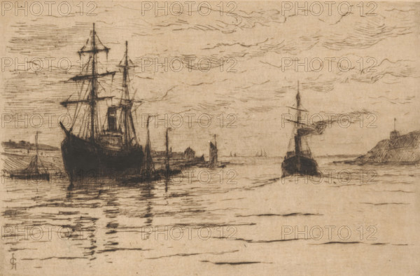 IJmuiden (original title), Harbour in IJmuiden, Sketches in Holland (original series title), print, On the left a sailing ship lies in the water. On the right a steamboat is sailing., printmaker: Carel Nicolaas Storm van 's-Gravesande, Netherlands, c. 1884, Carel Nicolaas Storm van 's-Gravesande, paper, drypoint, intaglio printmaking technique, height 133 mm x width 200 mm, This is the second print from a series of twelve., harbour, A sepia-toned etching shows a harbor scene with multiple sailing ships and smaller boats on calm water, their dark hulls and tall masts reflected in rippling lines on the surface. On the left a large ship with rigging and spars dominates the foreground, while nearer the center a smaller vessel and a pier with vertical posts and a low building sit along the waterline. To the right another ship with a single tall mast is oriented toward the viewer, and a rocky headland rises behind it with a small structure on top. The sky is filled with horizontally hatched ...