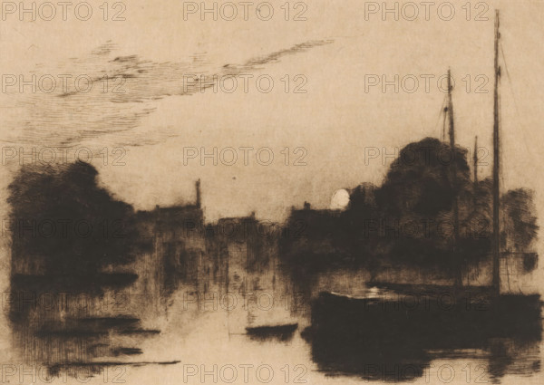 Harbour in Dordrecht by moonlight, Dordrecht (original title), Sketches in Holland (original series title), print, printmaker: Carel Nicolaas Storm van 's-Gravesande (signed by artist), Netherlands, 1851 - 1887, Carel Nicolaas Storm van 's-Gravesande, paper, drypoint, intaglio printmaking technique, drypoint and plate tone, proof, height 170 mm x width 263 mm, This is the fifth or twelfth print from a series of twelve., harbour, moonlight, A muted sepia-toned scene rendered with dark sketchy strokes shows a waterfront silhouette with large shadowed trees and indistinct building shapes along the shore, a pale circular form partially visible near the treetops, thin vertical masts rising on the right side, small boat-like shapes on the water, elongated horizontal marks suggesting ripples, and wispy horizontal hatch marks in the sky.