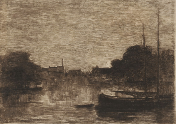Harbour in Dordrecht by moonlight, Dordrecht (original title), Sketches in Holland (original series title), print, printmaker: Carel Nicolaas Storm van 's-Gravesande (signed by artist), Netherlands, 1851 - 1887, Carel Nicolaas Storm van 's-Gravesande, paper, etching, drypoint, intaglio printmaking technique, height 142 mm x width 201 mm, This is the fifth or twelfth print from a series of twelve., harbour, moonlight, A horizontal scene rendered in muted brown tones shows a calm water surface reflecting dark, textured shapes along the shore; shadowy masses of trees rise on both sides with one large cluster on the right appearing dense and rounded, while several tall, thin vertical poles stand near the right edge; low, blocky silhouettes of buildings form a distant skyline near the center, and a partially visible rounded object near the right foreground suggests a boat moored along a darkened bank; the sky is filled with closely spaced horizontal hatch-like strokes.