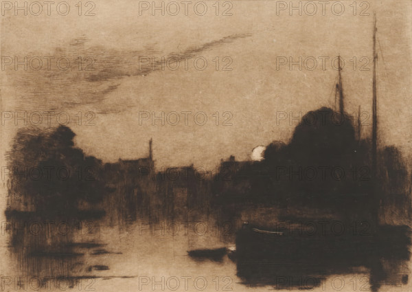 Dordrecht (original title), Harbour in Dordrecht by moonlight, Sketches in Holland (original series title), print, printmaker: Carel Nicolaas Storm van 's-Gravesande (signed by artist), Netherlands, 1851 - 1887, Carel Nicolaas Storm van 's-Gravesande, paper, drypoint, intaglio printmaking technique, height 143 mm x width 200 mm, This is the fifth or twelfth print from a series of twelve., harbour, moonlight, A sepia-toned scene showing a dark silhouetted shoreline with clustered tree shapes and tall thin masts rising on the right side, a low bright circular light near the horizon partly obscured by foliage, a calm reflective body of water in the foreground with smudged reflections, diffuse cloud streaks across the upper left sky, and a small dark boat-like shape near the water's edge.