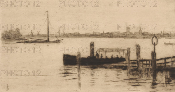 Ferry between Dordrecht and Papendrecht, print, River view with ferry., printmaker: Carel Nicolaas Storm van 's-Gravesande (signed by artist), Netherlands, c. 1884, Carel Nicolaas Storm van 's-Gravesande, paper, drypoint, intaglio printmaking technique, height 106 mm x width 201 mm, river, ferry, Dordrecht, Papendrecht, A wide horizontal sketch of a waterfront scene rendered in muted sepia tones shows a calm body of water with gentle ripples, a dark boat with a small canopy and silhouetted figures aboard near wooden pilings and a simple pier structure, a tall post with a small geometric sign beside the pier, a slender-masted sailboat farther out, and a distant low skyline with subtle building outlines and a cluster of trees at the horizon.