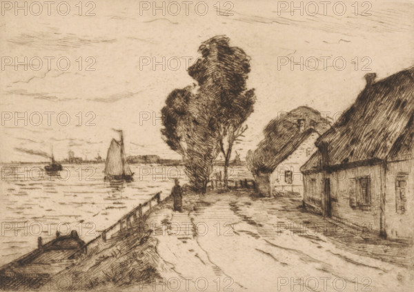 Village view in Kinderdijk, print, On the left a sailboat sails, on the right houses stand along the dike., printmaker: Carel Nicolaas Storm van 's-Gravesande (signed by artist), Netherlands, c. 1887, Carel Nicolaas Storm van 's-Gravesande, paper, drypoint, intaglio printmaking technique, height 122 mm x width 180 mm, dikes, levee, river, village (city(-scape) with figures, staffage), Kinderdijk, A sepia-toned sketch showing a waterfront path lined with a railing on one side and thatched cottages on the other, with a solitary figure walking along the path toward distant trees, tall leafy trees near the center, a small docked boat in the foreground, sailboats and a steamship on the water, rippling reflections on the water surface, a cloudy sky with faint horizontal strokes, and textured shading throughout the buildings, trees, and ground.