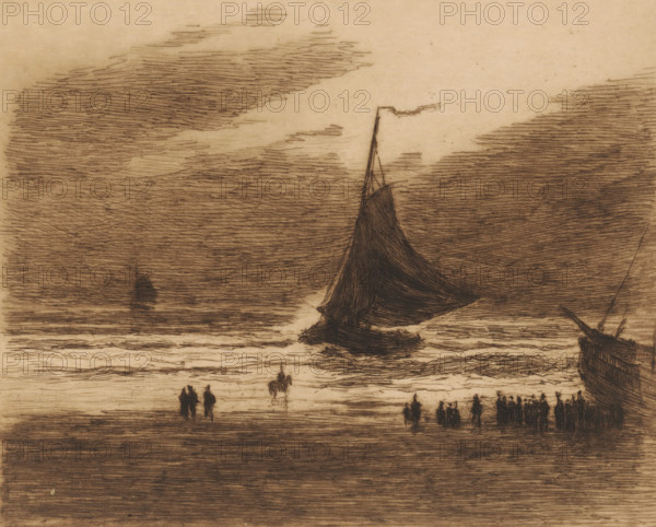 Fishing boat entering the beach, print, A pink returns from fishing in the evening. A group of people is waiting on the beach., printmaker: Carel Nicolaas Storm van 's-Gravesande, 1887 - 1889, Carel Nicolaas Storm van 's-Gravesande, paper, etching, drypoint, intaglio printmaking technique, height 155 mm x width 190 mm, sailing-ship, sailing-boat, sea and coastal fishery, beach (landscape with figures, staffage), A sepia-toned etching showing a shoreline scene with a large sailboat near the center, its dark sail raised and a tall mast with a small fluttering pennant, another boat partially visible at the right edge, and a distant small sail on the horizon; the sky is filled with dense, horizontal etched lines suggesting clouds, the water has layered, horizontal strokes, and along the shore small dark silhouettes of people and a mounted figure are grouped and scattered.