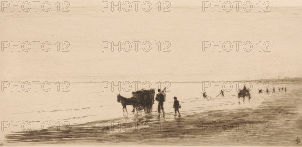Shellfish fishermen at Katwijk, print, Shellfish fishermen walk in the surf with baskets and horse-drawn wagons., printmaker: Carel Nicolaas Storm van 's-Gravesande, Netherlands, 1887 - 1889, Carel Nicolaas Storm van 's-Gravesande, paper, drypoint, intaglio printmaking technique, height 130 mm x width 267 mm, beach (landscape with figures, staffage), crustacean fishery, Katwijk (South Holland), A wide, pale scene rendered in soft sepia tones shows a shoreline with faint horizontal lines across the sky and distant horizon. Along the shallow water near the center-left a horse stands partially in the surf hitched to a small, covered cart, with two standing figures nearby and a smaller figure closer to the water's edge. Reflections and rippling marks appear beneath them on the wet sand. Further along the shore to the right, small indistinct figures move or work in the shallow water, and another horse-drawn cart or carriage is visible with more figures clustered around it. The foreground is...