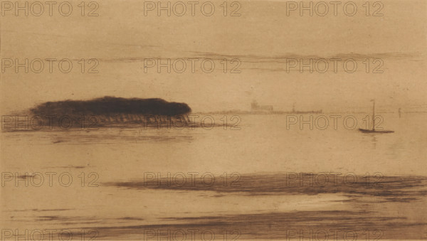 View of the Scheldt at evening, print, Veere lies on the horizon., number: '315', printmaker: Carel Nicolaas Storm van 's-Gravesande (signed by artist), Netherlands, 1889 - 1902, Carel Nicolaas Storm van 's-Gravesande, paper, drypoint, intaglio printmaking technique, height 155 mm x width 249 mm, Possibly mentioned in: Storm van 's-Gravesande, Charles. Catalogue des eaux-fortes et lithographies. sn: New York, 1903, or in an unknown later edition of the manuscript. Presumably listed as catalogue number 315., prospect of city, town panorama, silhouette of city, river, evening, Scheldt, Veere, A wide, muted scene rendered on tan paper showing a dark, low-lying mass of trees near the left side, their trunks and foliage suggested by dense, horizontal strokes; a narrow strip of distant shoreline with faint vertical and horizontal marks sits toward the center, and a small sailboat with a single mast appears to the right, its hull and reflected ripples sketched beneath it; thin, horizontal pen...