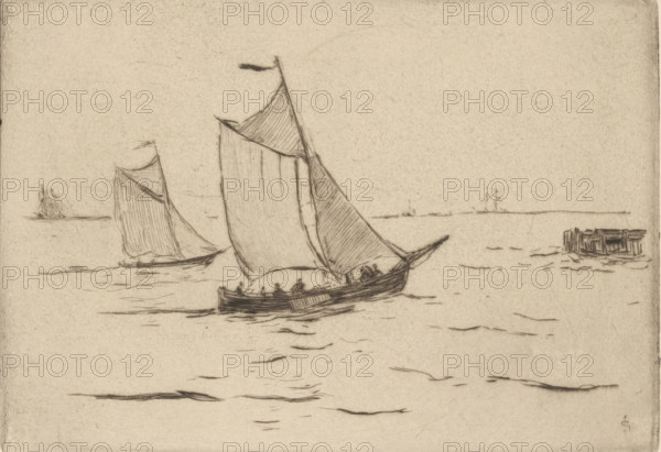 Two sailing ships on the Scheldt, print, number: '322', printmaker: Carel Nicolaas Storm van 's-Gravesande (signed by artist), 1889 - 1902, Carel Nicolaas Storm van 's-Gravesande, paper, drypoint, intaglio printmaking technique, height 118 mm x width 170 mm, Possibly mentioned in: Storm van 's-Gravesande, Charles. Catalogue des eaux-fortes et lithographies. New York: sn, 1903, or in an unknown later edition of the manuscript. Presumably listed as catalogue number 322., sailing-ship, sailing-boat, river, Scheldt, A sketch in muted tones showing a calm sea with two sailboats in the foreground, the nearer boat with a large billowing sail and a smaller sail angled alongside, both hulls sketched with visible planks and small figures seated on the nearer boat, rippling water lines beneath them, a distant shoreline with faint outlines of other ships on the horizon, and a cluster of wooden structures or pilings extending from the water at the right, all rendered with fine, linear pencil stroke...