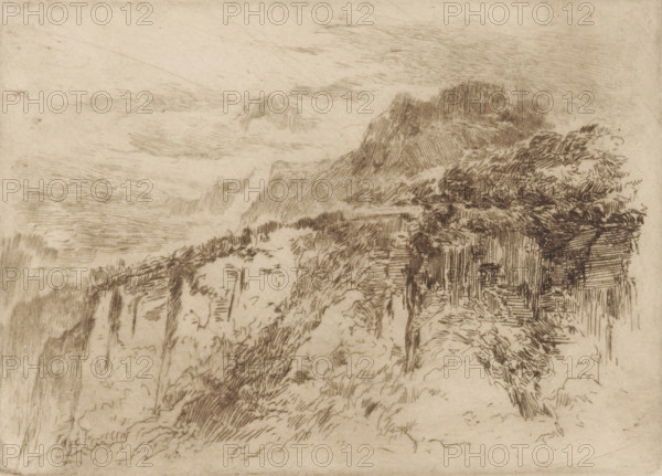 Mountains in Seelisberg, print, number: '338', printmaker: Carel Nicolaas Storm van 's-Gravesande (signed by artist), 1889 - 1902, Carel Nicolaas Storm van 's-Gravesande, paper, etching, drypoint, intaglio printmaking technique, height 127 mm x width 178 mm, Possibly mentioned in: Storm van 's-Gravesande, Charles. Catalogue des eaux-fortes et lithographies. New York: sn, 1903, or in an unknown later edition of the manuscript. Presumably listed as catalogue number 338., mountains, Seelisberg, A sepia-toned sketch of a rugged landscape showing steep cliffs and rocky outcrops, with dense textured foliage and brush drawn with short, energetic lines along the top and edges of the cliffs, layered mountainous forms fading into the background, and a sky filled with soft, crosshatched cloud-like strokes.