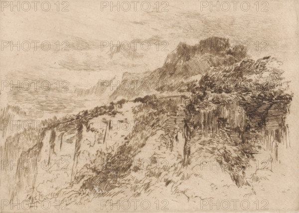 Mountains in Seelisberg, print, printmaker: Carel Nicolaas Storm van 's-Gravesande (signed by artist), 1889 - 1902, Carel Nicolaas Storm van 's-Gravesande, paper, etching, drypoint, intaglio printmaking technique, height 127 mm x width 180 mm, Possibly mentioned in: Storm van 's-Gravesande, Charles. Catalogue des eaux-fortes et lithographies. New York: sn, 1903, or in an unknown later edition of the manuscript. Presumably listed as catalogue number 338., mountains, Seelisberg, A sepia-toned etching of a rugged landscape showing steep cliffs and rocky outcrops with dense, textured hatch marks suggesting foliage and rough terrain, a prominent cliff face rising toward the right with clustered, scribbled vegetation at its edge, layered mountains and ridges receding into the background under a sky filled with soft, linear cloud strokes, and varied line work indicating crevices, ledges, and rocky surfaces across the scene.