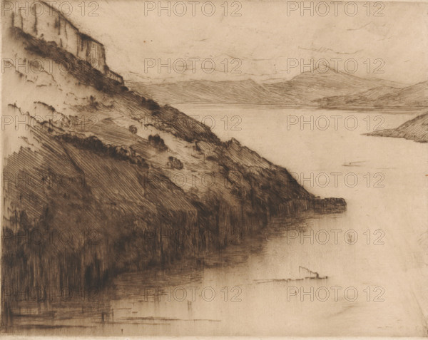 View of Lake Lucerne seen from Axenstein, print, number: '350', printmaker: Carel Nicolaas Storm van 's-Gravesande (signed by artist), 1889 - 1902, Carel Nicolaas Storm van 's-Gravesande, paper, drypoint, intaglio printmaking technique, height 158 mm x width 200 mm, Possibly mentioned in: Storm van 's-Gravesande, Charles. Catalogue des eaux-fortes et lithographies. New York: sn, 1903, or in an unknown later edition of the manuscript. Presumably listed as catalogue number 350., lake, Lake Lucerne, A sepia-toned sketch of a coastal landscape showing a steep, rugged cliff face with dense, darkly shaded textures along the left and lower portions of the image, sloping down toward calmer, lightly shaded water that fills the middle and right areas; distant, softly rendered mountain forms appear along the horizon with faint horizontal and diagonal hatching, and the sky is mostly empty with a few thin, wispy lines suggesting clouds.