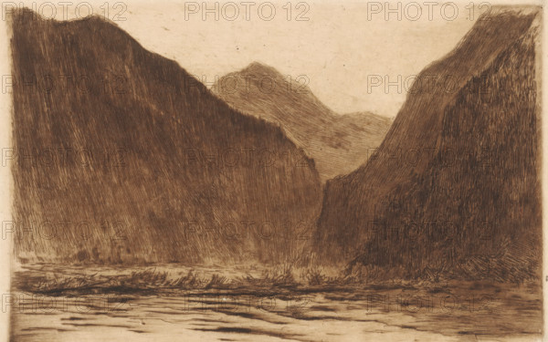Mountain landscape in Muotathal at evening, print, number: '351', printmaker: Carel Nicolaas Storm van 's-Gravesande (signed by artist), 1889 - 1902, Carel Nicolaas Storm van 's-Gravesande, paper, drypoint, intaglio printmaking technique, height 115 mm x width 176 mm, Possibly mentioned in: Storm van 's-Gravesande, Charles. Catalogue des eaux-fortes et lithographies. New York: sn, 1903, or in an unknown later edition of the manuscript. Presumably listed as catalogue number 351., mountains, evening, Muotathal, A sepia-toned landscape showing steep, textured mountain slopes rising on left and right with a narrower valley between them and a more distant rounded peak visible in the center background, all rendered with dense, directional hatch-like lines; a flat foreground area with horizontal, waterlike markings and a low, irregular strip of darker, sketchy vegetation or debris separates the water from the base of the mountains, while the sky above is a blank, lighter expanse with subtle s...