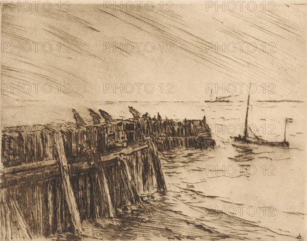 Harbour breakwater in Vlissingen, print, People walking against the wind on the breakwater., number: '362', printmaker: Carel Nicolaas Storm van 's-Gravesande (signed by artist), Netherlands, 1889 - 1902, Carel Nicolaas Storm van 's-Gravesande, paper, drypoint, intaglio printmaking technique, height 157 mm x width 200 mm, Possibly mentioned in: Storm van 's-Gravesande, Charles. Catalogue des eaux-fortes et lithographies. New York: sn, 1903, or in an unknown later edition of the manuscript. Presumably listed as catalogue number 362., coastal protection work, breakwater (landscape with figures, staffage), Flushing, A monochrome sketch showing a wooden pier extending into a calm body of water with rough, vertical plank textures and angled supports, a few small humanlike silhouettes standing or leaning along the far edge of the pier, faint horizontal ripples on the water surface, a sailboat with a mast anchored near the pier and a second distant vessel on the horizon, and diagonal etched l...