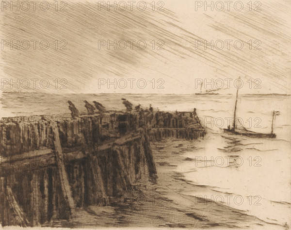 Harbour breakwater in Vlissingen, print, People walking against the wind on the breakwater., number: '362', printmaker: Carel Nicolaas Storm van 's-Gravesande, Netherlands, 1889 - 1902, Carel Nicolaas Storm van 's-Gravesande, paper, drypoint, intaglio printmaking technique, height 158 mm x width 198 mm, Possibly mentioned in: Storm van 's-Gravesande, Charles. Catalogue des eaux-fortes et lithographies. New York: sn, 1903, or in an unknown later edition of the manuscript. Presumably listed as catalogue number 362., coastal protection work, breakwater (landscape with figures, staffage), Flushing, A sepia-toned sketch showing a coastline with a wooden pier or breakwater extending from the left into the middle, rough vertical and diagonal strokes depicting planks and textures, three indistinct human silhouettes standing along the top edge of the structure, a calm sea stretching toward the horizon, a small sailboat with a tall mast near the right edge, gentle horizontal marks indicating wat...