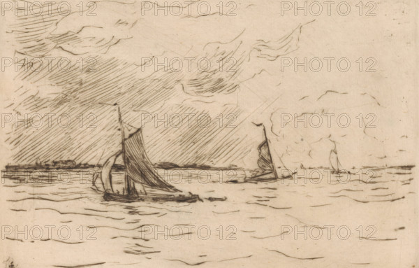 Three sailboats on the Meuse, print, number: '364', printmaker: Carel Nicolaas Storm van 's-Gravesande (signed by artist), 1889 - 1902, Carel Nicolaas Storm van 's-Gravesande, paper, drypoint, intaglio printmaking technique, height 140 mm x width 209 mm, Possibly mentioned in: Storm van 's-Gravesande, Charles. Catalogue des eaux-fortes et lithographies. New York: sn, 1903, or in an unknown later edition of the manuscript. Presumably listed as catalogue number 364., sailing-ship, sailing-boat, river, Meuse, A sepia-toned sketch of a seascape showing several sailboats on calm water with rippling lines indicating gentle waves, a larger sailboat in the foreground with a tall mast and a billowing sail, smaller boats farther back including one with a visible triangular sail, a distant low shoreline along the horizon, and a sky filled with varied cloud formations and hatched shading lines.