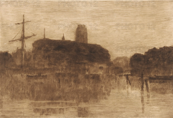 View of the Nieuwe Haven in Dordrecht at evening, print, On the left the mast of a sailing ship. In the background the tower of the Grote or Onze-Lieve-Vrouwekerk., number: '382', printmaker: Carel Nicolaas Storm van 's-Gravesande (signed by artist), Netherlands, 1889 - 1902, Carel Nicolaas Storm van 's-Gravesande, paper, drypoint, intaglio printmaking technique, height 138 mm x width 200 mm, Possibly mentioned in: Storm van 's-Gravesande, Charles. Catalogue des eaux-fortes et lithographies. New York: sn, 1903, or in an unknown later edition of the manuscript. Presumably listed as catalogue number 382., harbour, parts of church exterior and annexes: tower, evening, Dordrecht, Grote of Onze-Lieve-Vrouwekerk, A sepia-toned scene showing a waterfront with soft, sketch-like shading and horizontal striations across the sky and water. Dark, rounded tree masses rise along the shoreline with a tall, blocky tower silhouette and a slender spire visible above the treeline. A large mast with cross...