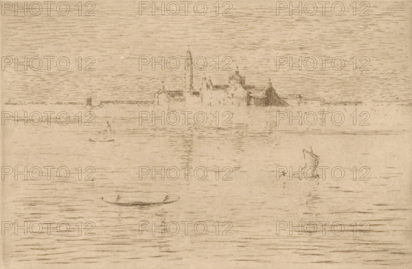 View of Venice at dawn, print, The Campanile of Venice is visible on the horizon., number: '408', printmaker: Carel Nicolaas Storm van 's-Gravesande (signed by artist), 1851 - 1902, Carel Nicolaas Storm van 's-Gravesande, paper, etching, intaglio printmaking technique, height 136 mm x width 205 mm, Possibly mentioned in: Storm van 's-Gravesande, Charles. Catalogue des eaux-fortes et lithographies. New York: sn, 1903, or in an unknown later edition of the manuscript. Presumably listed as catalogue number 408., prospect of city, town panorama, silhouette of city, dawn, Venice, St. Mark's Square, Campanile di San Marco, A pale, lightly sketched scene of a waterfront with horizontal hatch marks across the sky and water, a distant silhouette of buildings and a tall tower on the horizon rendered with faint, vertical and horizontal lines, small boat shapes on the water including a slender boat with two figures near the lower center and another boat with a sail and a figure to the right, and s...