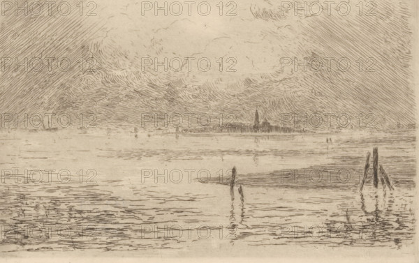 View of the Venice Lagoon, print, number: '409', printmaker: Carel Nicolaas Storm van 's-Gravesande (signed by artist), 1851 - 1902, Carel Nicolaas Storm van 's-Gravesande, paper, etching, intaglio printmaking technique, height 139 mm x width 209 mm, Possibly mentioned in: Storm van 's-Gravesande, Charles. Catalogue des eaux-fortes et lithographies. New York: sn, 1903, or in an unknown later edition of the manuscript. Presumably listed as catalogue number 409., prospect of city, town panorama, silhouette of city, haff, lagoon created by sand, shingle bank, coast, Venetian Lagoon, A wide, monochrome sketch of a calm body of water with horizontal rippling lines across the surface, vertical posts emerging from the water near the right foreground, and distant low shoreline silhouettes across the middle ground, including a taller narrow structure rising above the skyline; the sky fills the upper half with dense, varied hatch marks and swirling cloud-like strokes that create textured, layere...