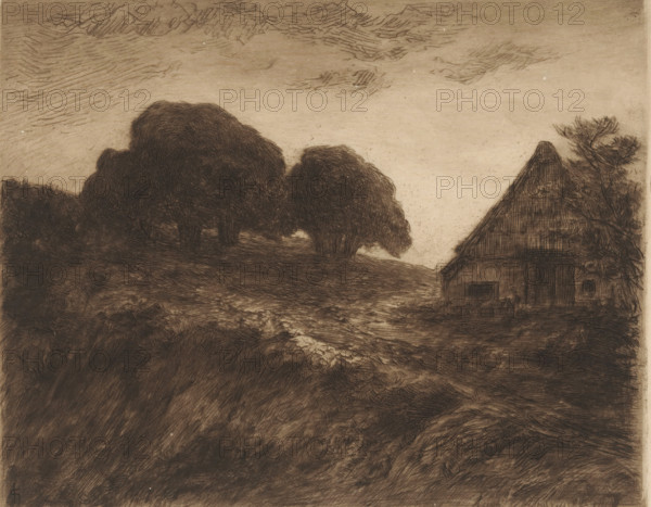 Hill landscape with chestnut trees and barn near Materborn, print, number: '412', printmaker: Carel Nicolaas Storm van 's-Gravesande, 1851 - 1902, Carel Nicolaas Storm van 's-Gravesande, paper, etching, drypoint, intaglio printmaking technique, height 160 mm x width 200 mm, Possibly mentioned in: Storm van 's-Gravesande, Charles. Catalogue des eaux-fortes et lithographies. New York: sn, 1903, or in an unknown later edition of the manuscript. Presumably listed as catalogue number 412., farm or solitary house in landscape, trees, low hill country, North Rhine-Westphalia, Cleves, Materborn, A sepia-toned etching showing a sloped landscape with dense, textured grassy foreground leading toward a path that winds between a cluster of rounded, heavily shaded trees and a thatched-roof building on the right; the building has a steep, triangular roof and visible door and small window shapes, with foliage partially obscuring its side; the sky above is lightly shaded with horizontal, sketchy cloud-...