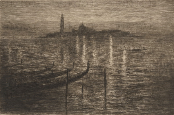 View of San Giorgio Maggiore in Venice at night, print, Gondolas are moored in the foreground. The contours of the island of San Giorgio Maggiore are visible on the horizon., number: '414', printmaker: Carel Nicolaas Storm van 's-Gravesande (signed by artist), 1851 - 1902, Carel Nicolaas Storm van 's-Gravesande, paper, etching, drypoint, intaglio printmaking technique, height 139 mm x width 207 mm, Possibly mentioned in: Storm van 's-Gravesande, Charles. Catalogue des eaux-fortes et lithographies. New York: sn, 1903, or in an unknown later edition of the manuscript. Presumably listed as catalog number 414., island, night, Venice, Isola di San Giorgio Maggiore, A wide, muted scene of water with gently rippling texture fills the foreground and middle ground, showing several long, narrow boats moored near vertical poles and one small boat farther out on the water; faint reflections create vertical, lighter streaks on the surface. In the distance a low, dark silhouette of an island or shor...