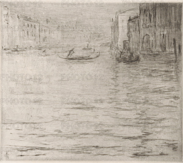 View of the Grand Canal in Venice, print, In the background gondolas sail on the canal., number: '416', printmaker: Carel Nicolaas Storm van 's-Gravesande (signed by artist), 1851 - 1902, Carel Nicolaas Storm van 's-Gravesande, paper, drypoint, intaglio printmaking technique, height 140 mm x width 159 mm, Possibly mentioned in: Storm van 's-Gravesande, Charles. Catalogue des eaux-fortes et lithographies. New York: sn, 1903, or in an unknown later edition of the manuscript. Presumably listed as catalogue number 416., canals, waters (in city), gondola, Venice, Grand Canal, A wide, pale sketch of a waterway with faint, linear etching marks forming distant buildings along both sides and a cluster of small boats on the water, the boats rendered with thin, curved strokes and tiny standing figures, the right side showing darker, vertical lines suggesting taller structures and reflections, the left side showing lighter, more open architectural outlines, and the water surface across the foregro...