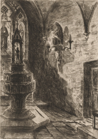 Baptismal font in a church in Cleves, print, Possibly the Collegiate Church., number: '419', printmaker: Carel Nicolaas Storm van 's-Gravesande (signed by artist), 1851 - 1902, Carel Nicolaas Storm van 's-Gravesande, paper, etching, intaglio printmaking technique, height 228 mm x width 164 mm, Possibly mentioned in: Storm van 's-Gravesande, Charles. Catalogue des eaux-fortes et lithographies. New York: sn, 1903, or in an unknown later edition of the manuscript. Presumably listed as catalogue number 419., interior of church, baptismal font, North Rhine-Westphalia, Cleves, Collegiate Church, A monochrome etching of an interior space with high vaulted arches and patterned stone floors, showing a large ornate pedestal with layered, carved tiers in the foreground and a sculpted niche with a small figure inside it, a distant elevated ledge holding a seated draped statue beside a wall-mounted candle holder, tall shadowed archways and a dark recess to one side, textured walls rendered with den...