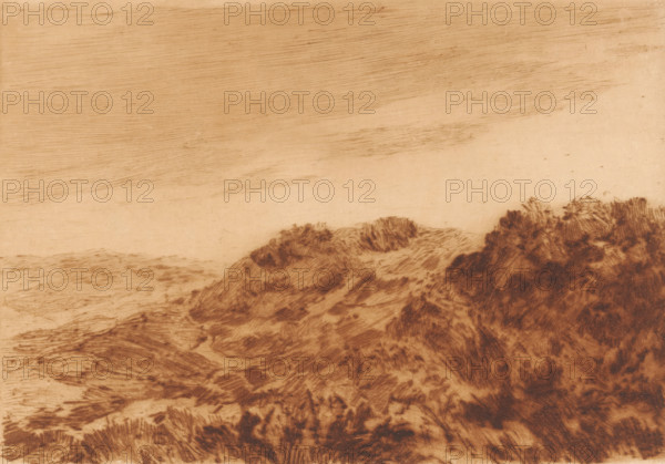 Dune landscape near The Hague, print, number: '425', printmaker: Carel Nicolaas Storm van 's-Gravesande (signed by artist), Netherlands, 1851 - 1902, Carel Nicolaas Storm van 's-Gravesande, paper, drypoint, intaglio printmaking technique, drypoint with plate tone in brown, height 150 mm x width 212 mm, Possibly mentioned in: Storm van 's-Gravesande, Charles. Catalogue des eaux-fortes et lithographies. New York: sn, 1903, or in an unknown later edition of the manuscript. Presumably listed as catalogue number 425., dunes (sea not visible), in the dunes, The Hague, A sepia-toned landscape sketch showing a foreground of textured, brushlike vegetation and uneven ground that rises into low, bush-covered dunes or hills toward the middle and right, with darker, dense shading suggesting clustered foliage on the right and more open, striated strokes across the central ridges, and a broad, lightly shaded sky occupying the upper area with faint, horizontal hatch marks.