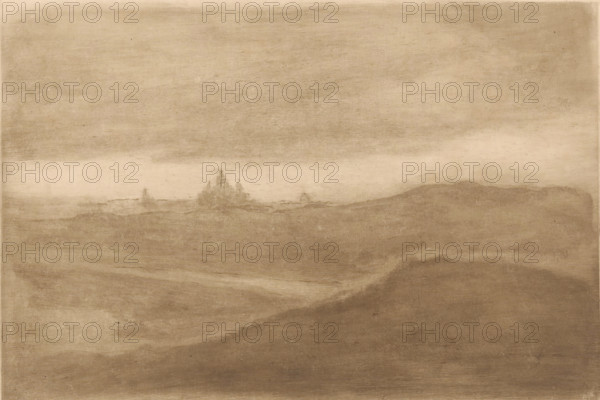 Twilight in the dunes near Scheveningen, print, On the horizon the outlines of the Kurhaus., number: '453', printmaker: Carel Nicolaas Storm van 's-Gravesande (signed by artist), Netherlands, 1851 - 1902, Carel Nicolaas Storm van 's-Gravesande, paper, intaglio printmaking technique, drypoint, height 156 mm x width 228 mm, Possibly mentioned in: Storm van 's-Gravesande, Charles. Catalogue des eaux-fortes et lithographies. New York: sn, 1903, or in an unknown later edition of the manuscript. Presumably listed as catalogue number 453., dunes (sea not visible), in the dunes, dusk, evening twilight, Scheveningen, A muted monochrome landscape with soft, hazy tones showing layered horizontal bands that suggest distant landforms and a broad sky, a faint cluster of small vertical shapes near the middle horizon resembling distant structures, gentle gradients and subtle texture across the surface, and indistinct undulating forms in the foreground.