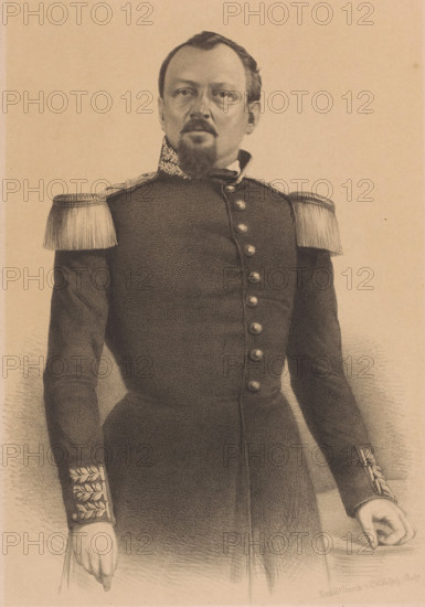 Portrait of Mr. Keller, print, The sitter stands next to a table. He is wearing a coat with epaulets., inscription: 'J. Keller, officer of administration Batavia', printer (person): Royal Dutch Lithographic Printing House of CW Mieling, The Hague, 1847 - c. 1865, printmaker, printer (person), paper, tone lithography, tone lithography in black with tone block in beige, height 400 mm x width 300 mm, historical persons (three-quarter length portrait), A sepia-toned portrait drawing of a man shown from head to mid-thigh wearing a dark military uniform with decorative shoulder epaulettes and a high collar, his face framed by short hair and facial hair including a mustache and small beard, his expression neutral, his right arm hanging at his side with a visible hand and his left arm bent slightly with a hand resting near the hip, the uniform front closed with a row of round buttons and embroidered cuffs, the background plain and unadorned.