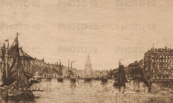 View of the Amstel and the Zuiderkerk tower, print, printmaker: Frans Schikkinger, 1867 - 1902, paper, etching, drypoint, intaglio printmaking technique, height 159 mm x width 240 mm, canals, waters (in city), tower, clock tower, monumental adornment, Amsterdam, Binnen-Amstel, Zuiderkerk (Amsterdam), Amstel Hotel, Professor Tulpplein, A sepia-toned etching shows a waterfront scene with boats moored in the foreground, their sails and masts rendered in dark, sketchy lines; a wide expanse of water reflects the boats and the distant shoreline. Low, densely drawn buildings line both sides of the water, with a taller tower rising near the center background. A large multi-story building with many windows occupies the right side, and smaller clustered structures extend along the left bank. Thin vertical lines suggest chimneys and flagpoles along the skyline, and textured, horizontal strokes fill the sky above.