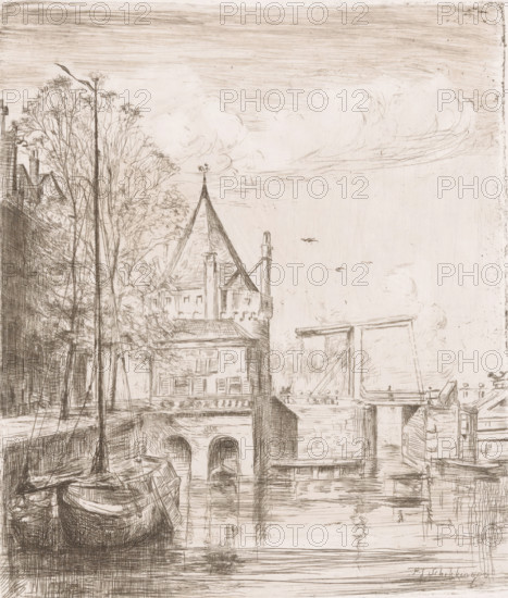 View of the Schreierstoren in Amsterdam, print, View of the Schreierstoren from the water of the Geldersekade., printmaker: Frans Schikkinger, 1848 - 1902, paper, etching, drypoint, intaglio printmaking technique, height 155 mm x width 131 mm, urban housing, sailing-ship, sailing-boat, towers, fortified city, bridge in city across river, canal, Amsterdam, Schreierstoren, Geldersekade (Amsterdam), A detailed sepia-toned sketch of a waterfront scene shows a row of buildings and trees along a canal, with a peaked rooftop topped by a small weather vane, arched openings at the waterline, and a docked boat in the foreground. Tall, slender masts and rigging rise beside the boat, while reflections and ripples appear on the water surface. A bridge structure spans the canal with vertical supports and a horizontal beam, and small birds are sketched in the sky above scattered, lightly drawn clouds. The composition features dense cross-hatching and fine line work throughout.