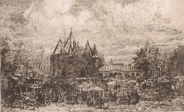 View of the Nieuwmarkt in Amsterdam, print, printmaker: Frans Schikkinger (signed by artist), 1848 - 1902, paper, chine collé, etching, drypoint, intaglio printmaking technique, height 165 mm x width 251 mm, market, square, circus, etc. (city(-scape) with figures, staffage), weigh-house, Amsterdam, Waag op de Nieuwmarkt, Nieuwmarkt, A monochrome etching shows a town scene dominated by a large stone building with steep conical and pitched roofs in the center, flanked by smaller structures and trees. In front of the central building there are rows of market stalls and awnings arranged along a street, with indistinct figures moving among them. To the left a horse-drawn cart is visible near clustered buildings and foliage, while to the right a long building with arched openings sits behind more trees and market activity. The sky above is filled with swirling, hatched lines suggesting clouds, and the foreground is detailed with wooden crates, beams, and other market paraphernalia.