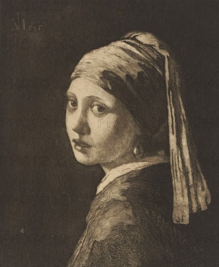 Girl with a pearl earring (original title), print, printmaker: Philip Zilcken (signed by artist), after painting by Johannes Vermeer, 1867 - 1890, paper, etching, drypoint, intaglio printmaking technique, height 210 mm x width 171 mm, girl (child between toddler and youth), ear-rings, pearl, pearl necklace, A close-up sepia-toned etching of a young person shown from the shoulders up looking back over their shoulder toward the viewer, wearing a headscarf that wraps around the head and drapes down the back, a round earring visible at the ear, soft facial features with large eyes, a straight nose, and closed lips, textured cross-hatching throughout the image creating shading and fabric folds, a dark, grainy background behind the figure.