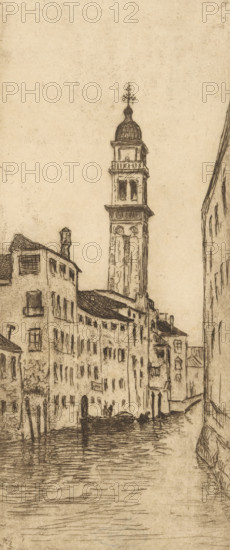 Canal in Venice, Eglise et canaletto (original title), print, printmaker: Philip Zilcken, 1895, paper, etching, intaglio printmaking technique, zinc etching with plate tone, height 210 mm x width 90 mm, canals, waters (in city), tower, clock tower, monumental adornment, Venice, A vertical sepia-toned sketch of a narrow canal flanked by tall, closely packed buildings with many windows and varied rooflines, a domed bell tower rising prominently above the structures with decorative detailing at its top, small boats and gondolas floating on rippled water in the canal, a few human figures aboard the boats, wooden poles emerging from the water near the buildings, and textured shading and fine linework throughout the scene.